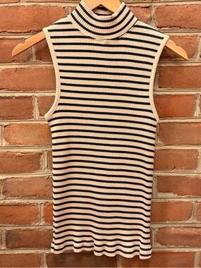 Vintage 90s Erika & Company Sleeveless Ribbed Mock Neck Tank Top in Navy & Cream